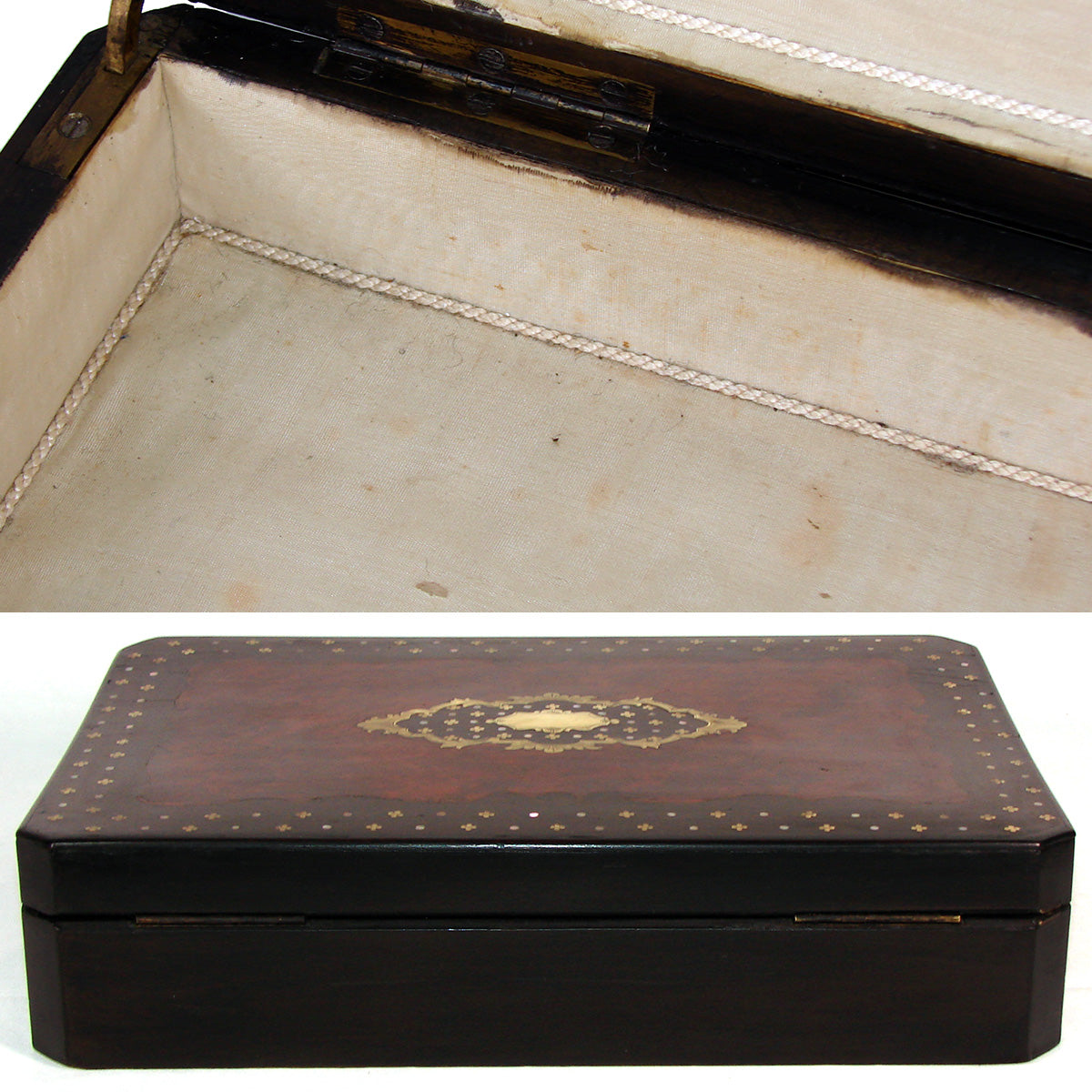 Antique French Napoleon III Boulle Style 11.5" Jewelry or Desk Box, Mother of Pearl & Brass Inlay