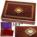 Antique French Napoleon III 10.5" Jewelry or Specimen Box, Rosewood with Boulle Style Inlay