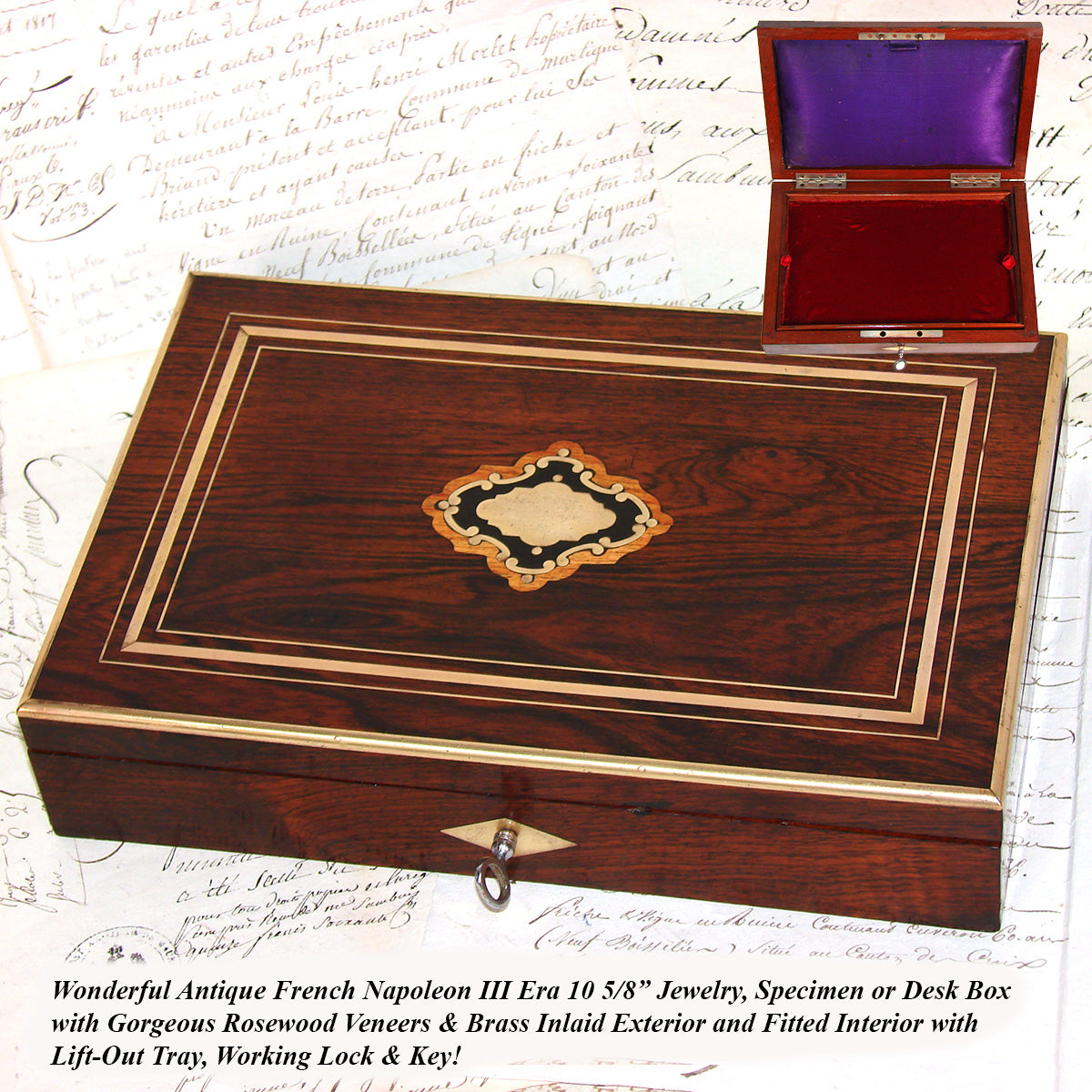 Antique French Napoleon III 10.5" Jewelry or Specimen Box, Rosewood with Boulle Style Inlay