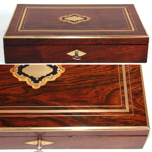 Antique French Napoleon III 10.5" Jewelry or Specimen Box, Rosewood with Boulle Style Inlay