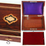 Antique French Napoleon III 10.5" Jewelry or Specimen Box, Rosewood with Boulle Style Inlay