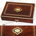 Antique French Napoleon III 10.5" Jewelry or Specimen Box, Rosewood with Boulle Style Inlay