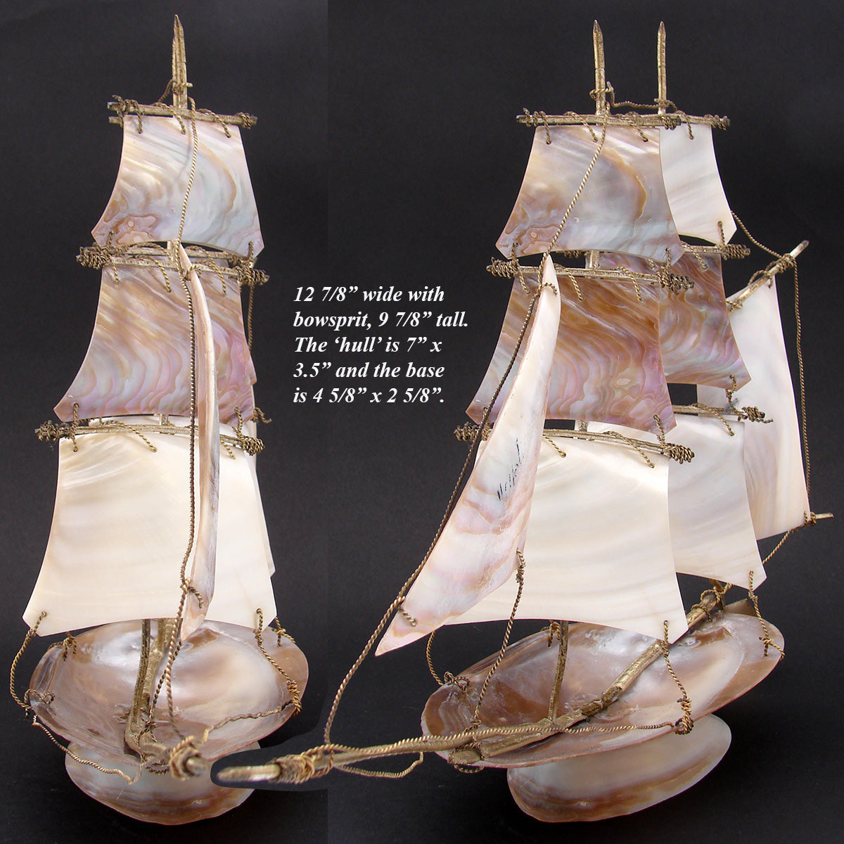 Antique Victorian Era 9 7/8" Tall Abalone & Brass 8-Sail Boat or Tall Ship, 1890s Seaport Souvenir