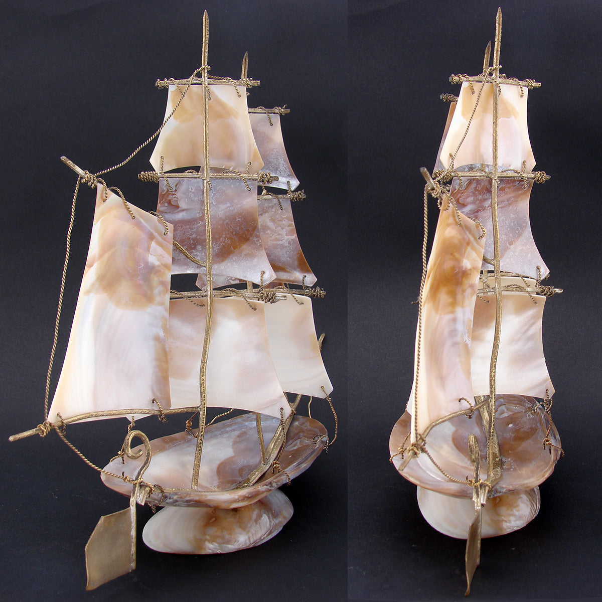 Antique Victorian Era 9 7/8" Tall Abalone & Brass 8-Sail Boat or Tall Ship, 1890s Seaport Souvenir