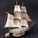 Antique Victorian Era 9 7/8" Tall Abalone & Brass 8-Sail Boat or Tall Ship, 1890s Seaport Souvenir