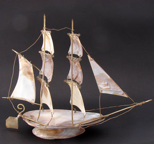 Antique Victorian Era 9 7/8" Tall Abalone & Brass 8-Sail Boat or Tall Ship, 1890s Seaport Souvenir