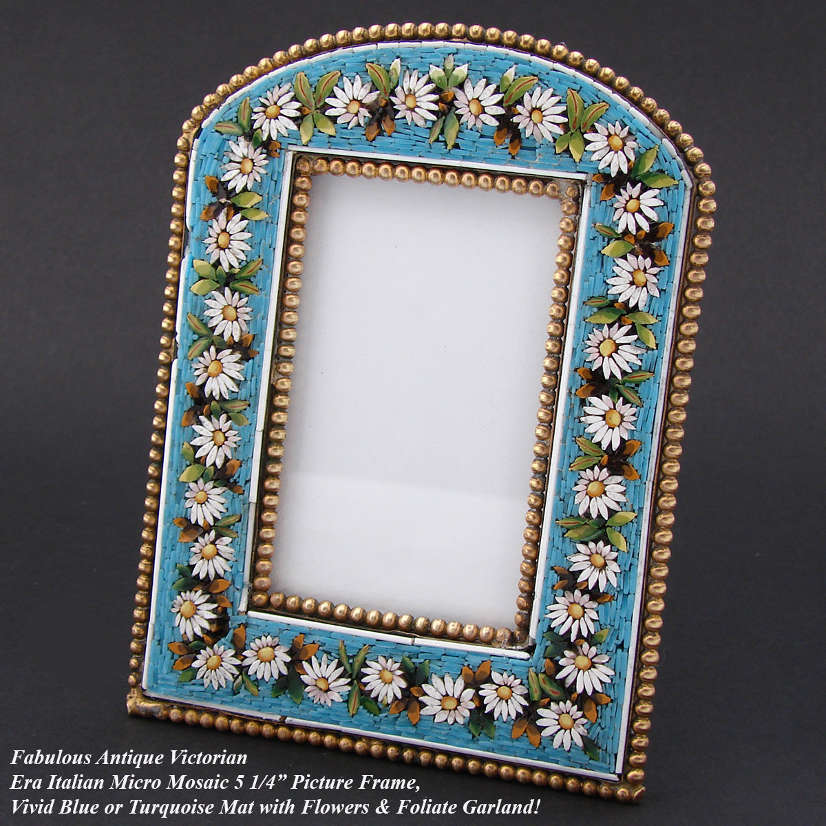 Antique Victorian Era Italian Micro Mosaic Picture Frame, Flowers & Foliage on Vivid Blue Mat