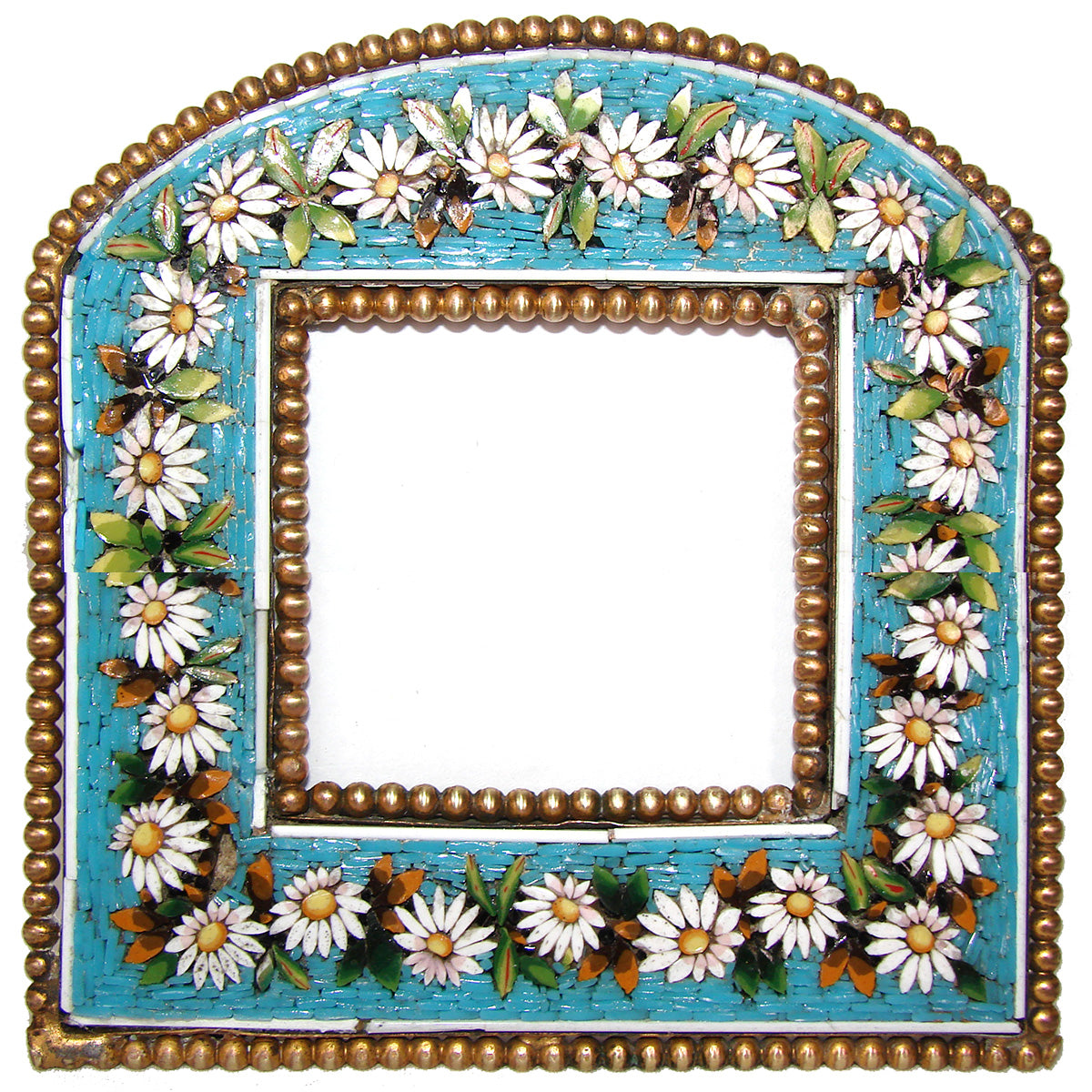 Antique Victorian Era Italian Micro Mosaic Picture Frame, Flowers & Foliage on Vivid Blue Mat