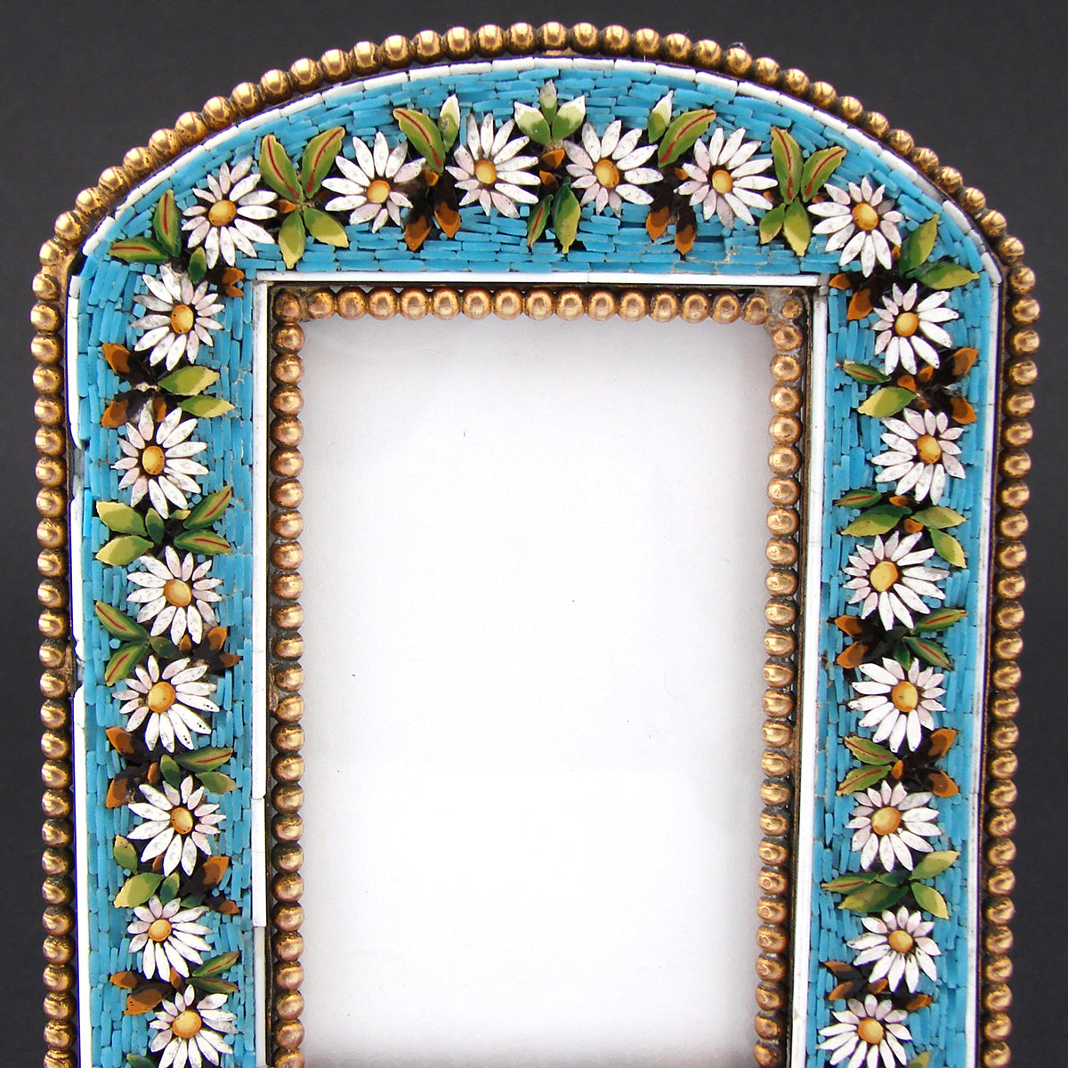 Antique Victorian Era Italian Micro Mosaic Picture Frame, Flowers & Foliage on Vivid Blue Mat