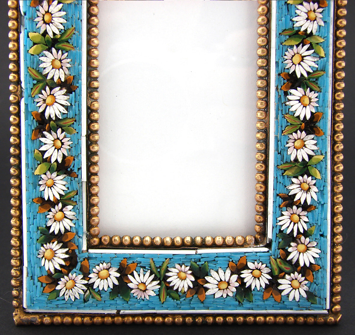 Antique Victorian Era Italian Micro Mosaic Picture Frame, Flowers & Foliage on Vivid Blue Mat