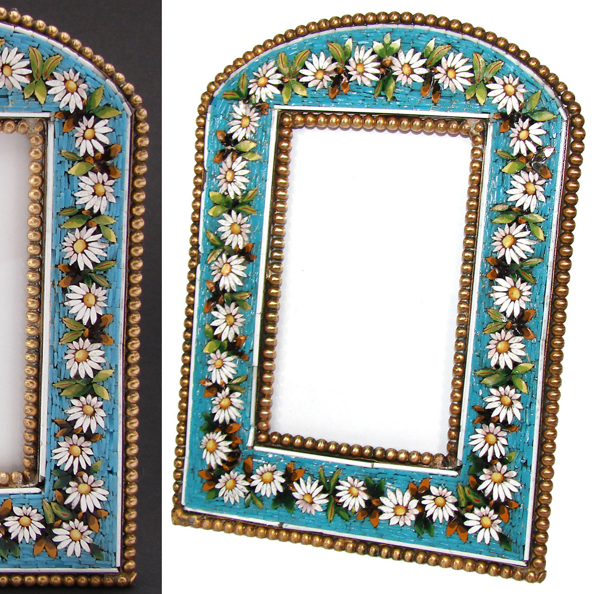 Antique Victorian Era Italian Micro Mosaic Picture Frame, Flowers & Foliage on Vivid Blue Mat