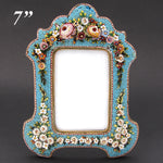 Antique Victorian Era Italian Micro Mosaic 7" Picture Frame, Flowers & Foliage on Vivid Blue Mat