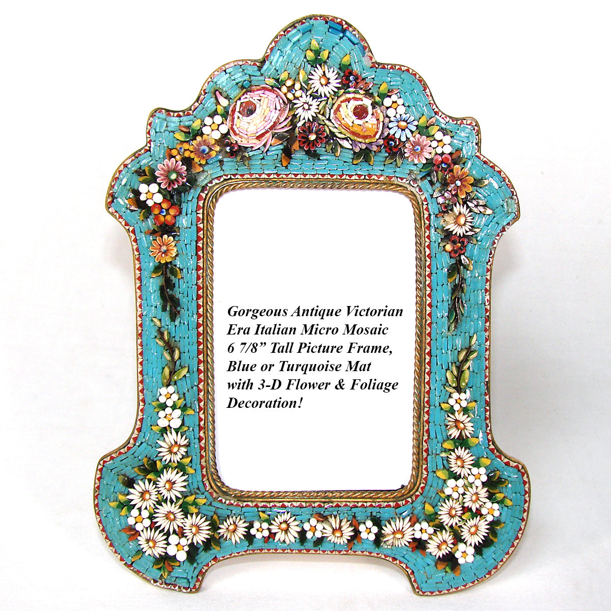 Antique Victorian Era Italian Micro Mosaic 7" Picture Frame, Flowers & Foliage on Vivid Blue Mat