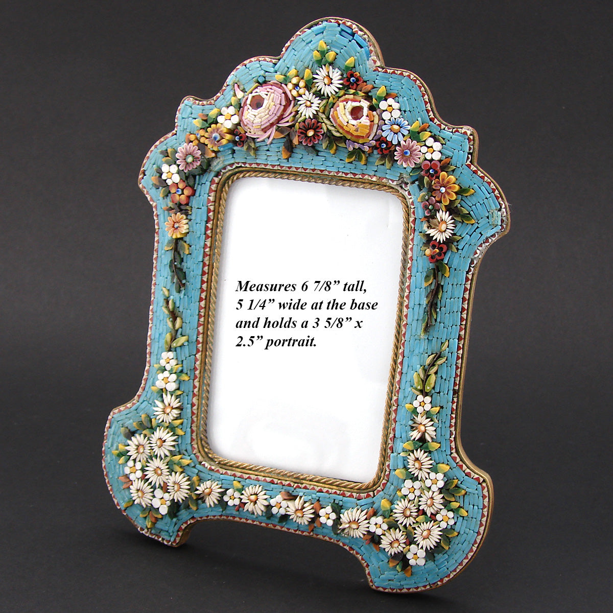 Antique Victorian Era Italian Micro Mosaic 7" Picture Frame, Flowers & Foliage on Vivid Blue Mat