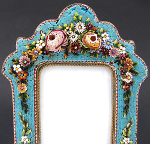 Antique Victorian Era Italian Micro Mosaic 7" Picture Frame, Flowers & Foliage on Vivid Blue Mat