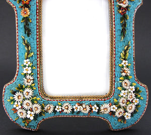 Antique Victorian Era Italian Micro Mosaic 7" Picture Frame, Flowers & Foliage on Vivid Blue Mat