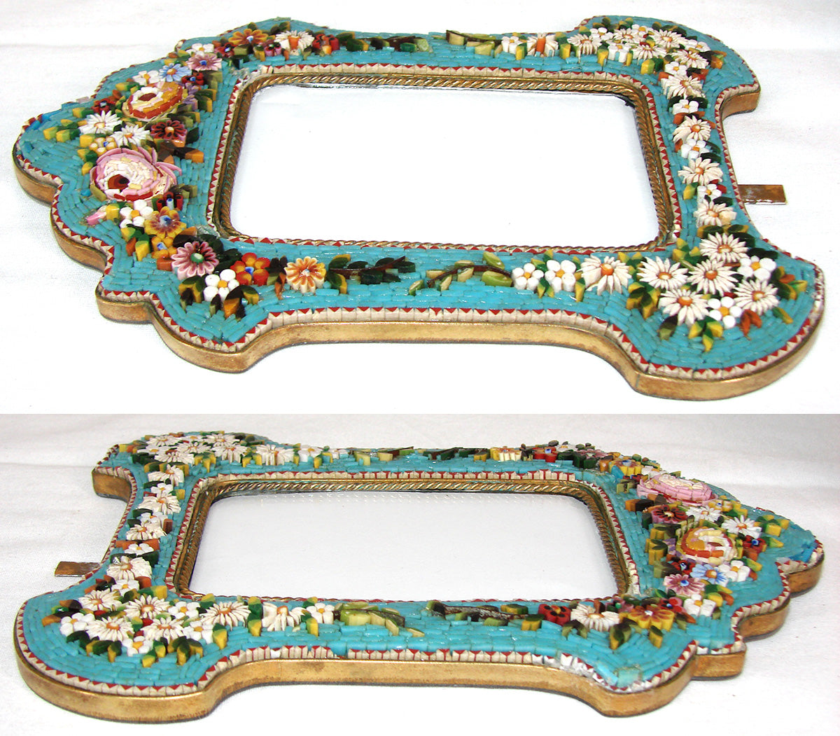 Antique Victorian Era Italian Micro Mosaic 7" Picture Frame, Flowers & Foliage on Vivid Blue Mat