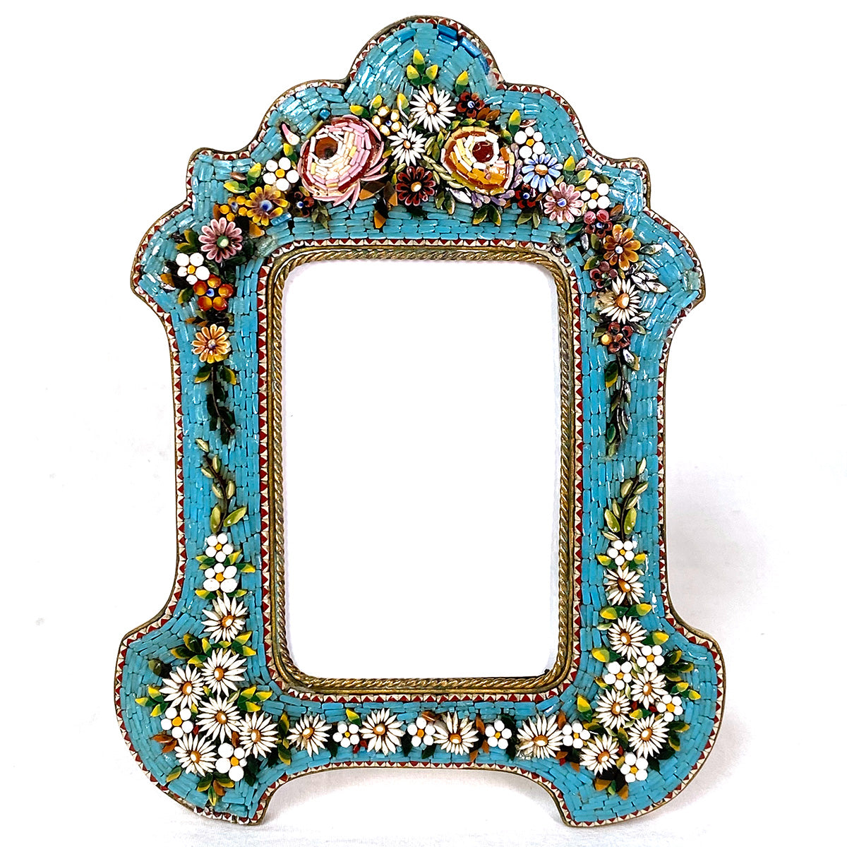 Antique Victorian Era Italian Micro Mosaic 7" Picture Frame, Flowers & Foliage on Vivid Blue Mat