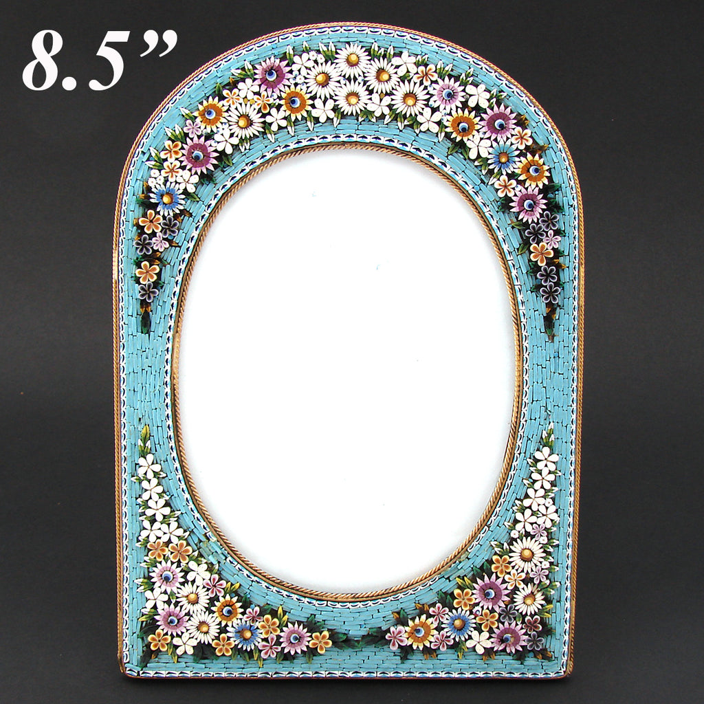 Antique Victorian Era Italian Micro Mosaic 8.5" Picture Frame, Flowers & Foliage on Vivid Blue Mat