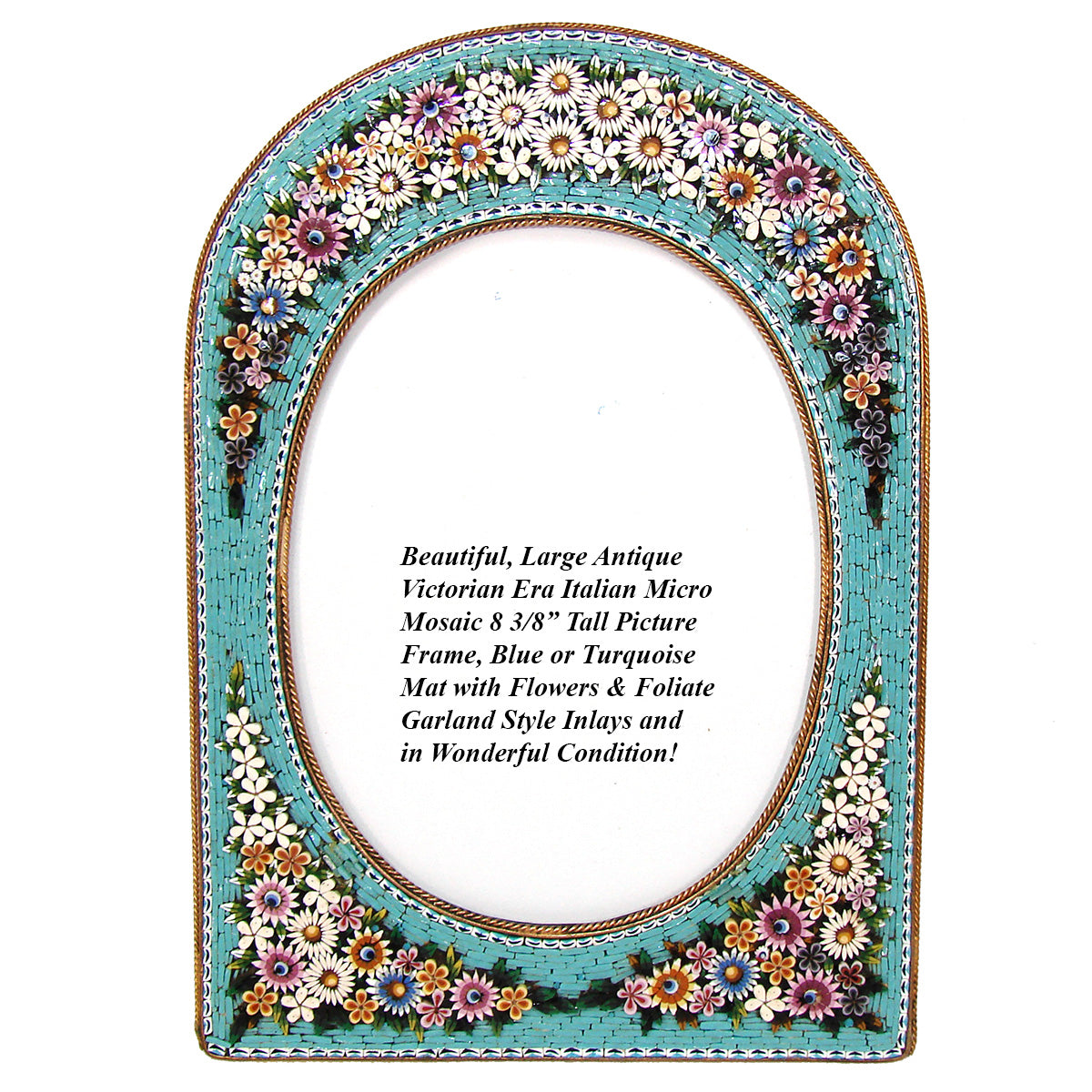 Antique Victorian Era Italian Micro Mosaic 8.5" Picture Frame, Flowers & Foliage on Vivid Blue Mat