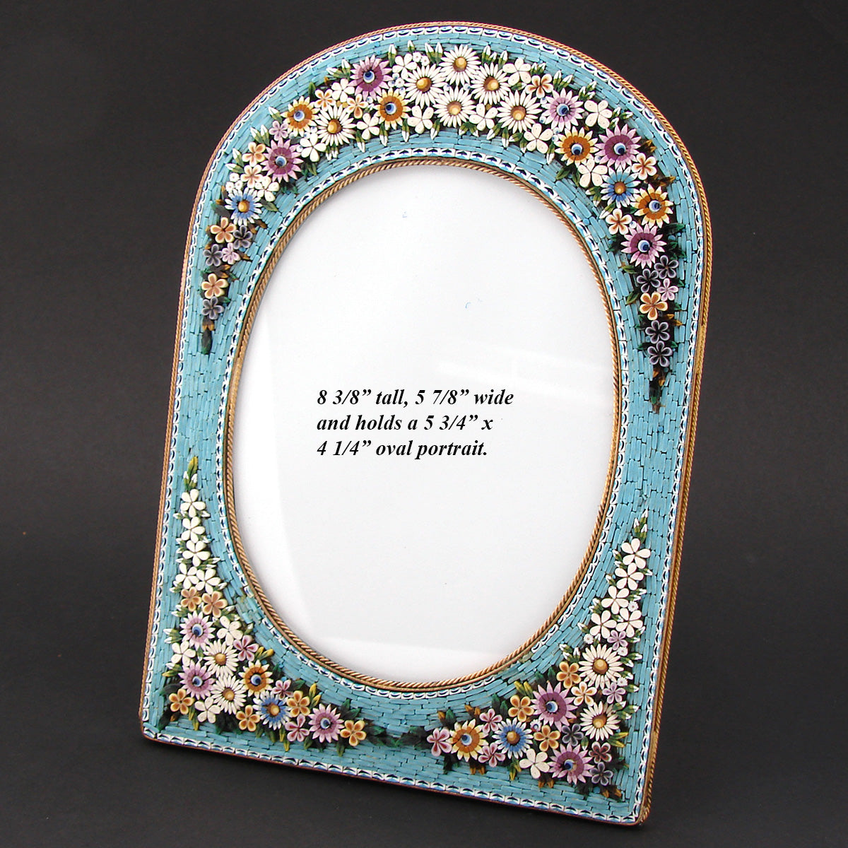 Antique Victorian Era Italian Micro Mosaic 8.5" Picture Frame, Flowers & Foliage on Vivid Blue Mat