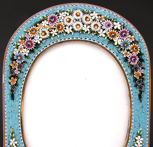 Antique Victorian Era Italian Micro Mosaic 8.5" Picture Frame, Flowers & Foliage on Vivid Blue Mat