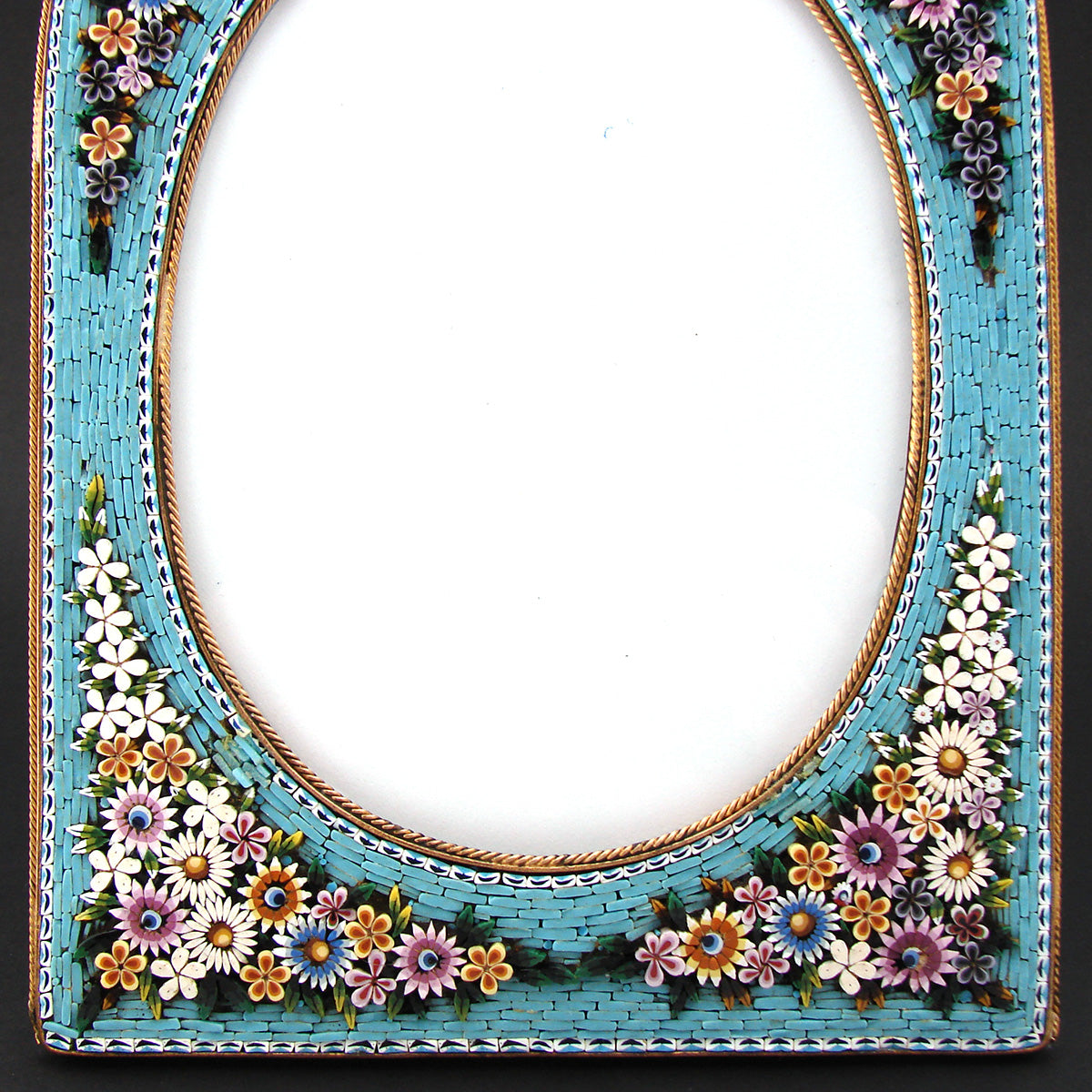 Antique Victorian Era Italian Micro Mosaic 8.5" Picture Frame, Flowers & Foliage on Vivid Blue Mat