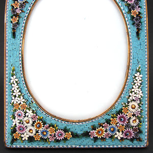 Antique Victorian Era Italian Micro Mosaic 8.5" Picture Frame, Flowers & Foliage on Vivid Blue Mat