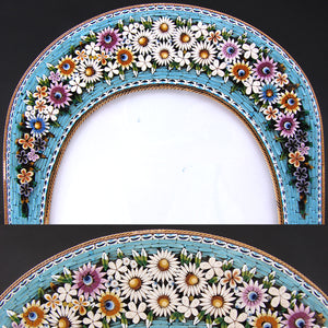 Antique Victorian Era Italian Micro Mosaic 8.5" Picture Frame, Flowers & Foliage on Vivid Blue Mat