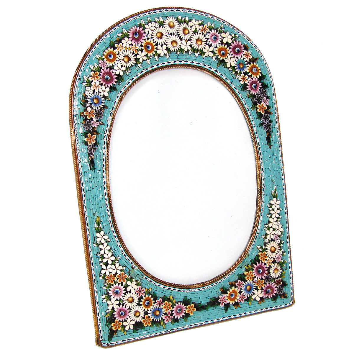 Antique Victorian Era Italian Micro Mosaic 8.5" Picture Frame, Flowers & Foliage on Vivid Blue Mat