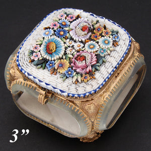 Antique Victorian Era Italian Micro Mosaic Jewelry Casket, Floral Inlay & Thick Beveled Glass Vitrine