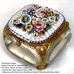 Antique Victorian Era Italian Micro Mosaic Jewelry Casket, Floral Inlay & Thick Beveled Glass Vitrine