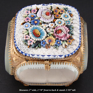 Antique Victorian Era Italian Micro Mosaic Jewelry Casket, Floral Inlay & Thick Beveled Glass Vitrine