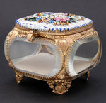 Antique Victorian Era Italian Micro Mosaic Jewelry Casket, Floral Inlay & Thick Beveled Glass Vitrine