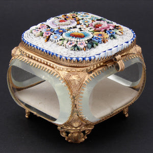 Antique Victorian Era Italian Micro Mosaic Jewelry Casket, Floral Inlay & Thick Beveled Glass Vitrine