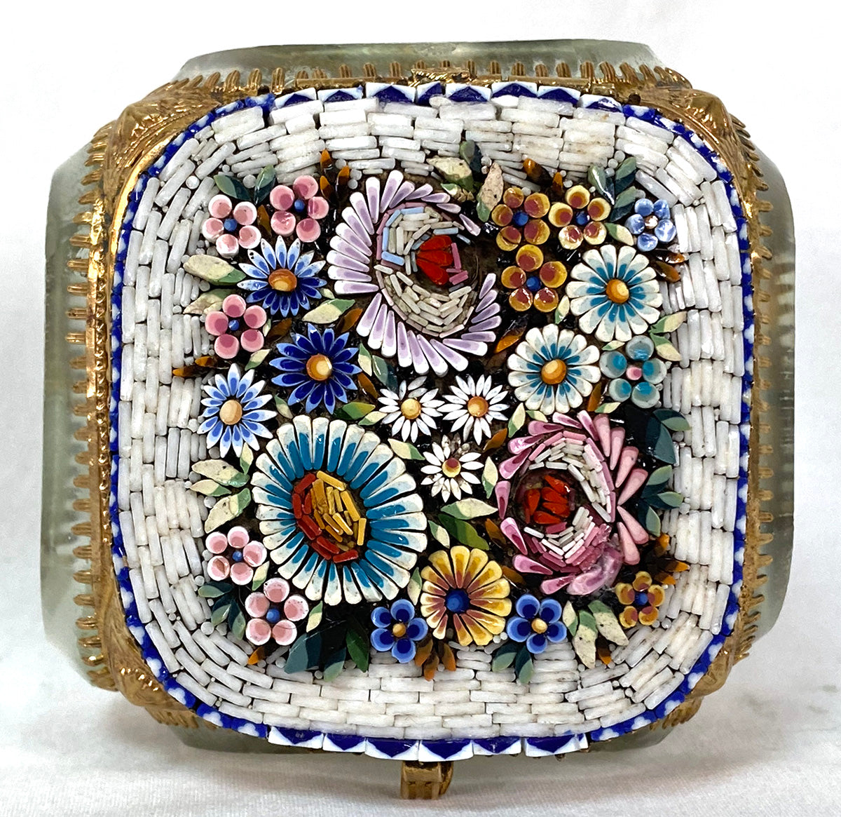 Antique Victorian Era Italian Micro Mosaic Jewelry Casket, Floral Inlay & Thick Beveled Glass Vitrine