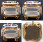 Antique Victorian Era Italian Micro Mosaic Jewelry Casket, Floral Inlay & Thick Beveled Glass Vitrine