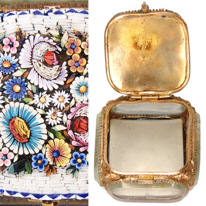 Antique Victorian Era Italian Micro Mosaic Jewelry Casket, Floral Inlay & Thick Beveled Glass Vitrine