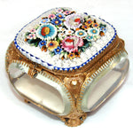 Antique Victorian Era Italian Micro Mosaic Jewelry Casket, Floral Inlay & Thick Beveled Glass Vitrine