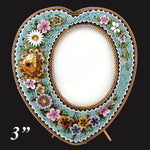 Lovely Antique Italian Edwardian Era Micro Mosaic Picture Frame, Heart Shaped with 3-D Flower Inlay