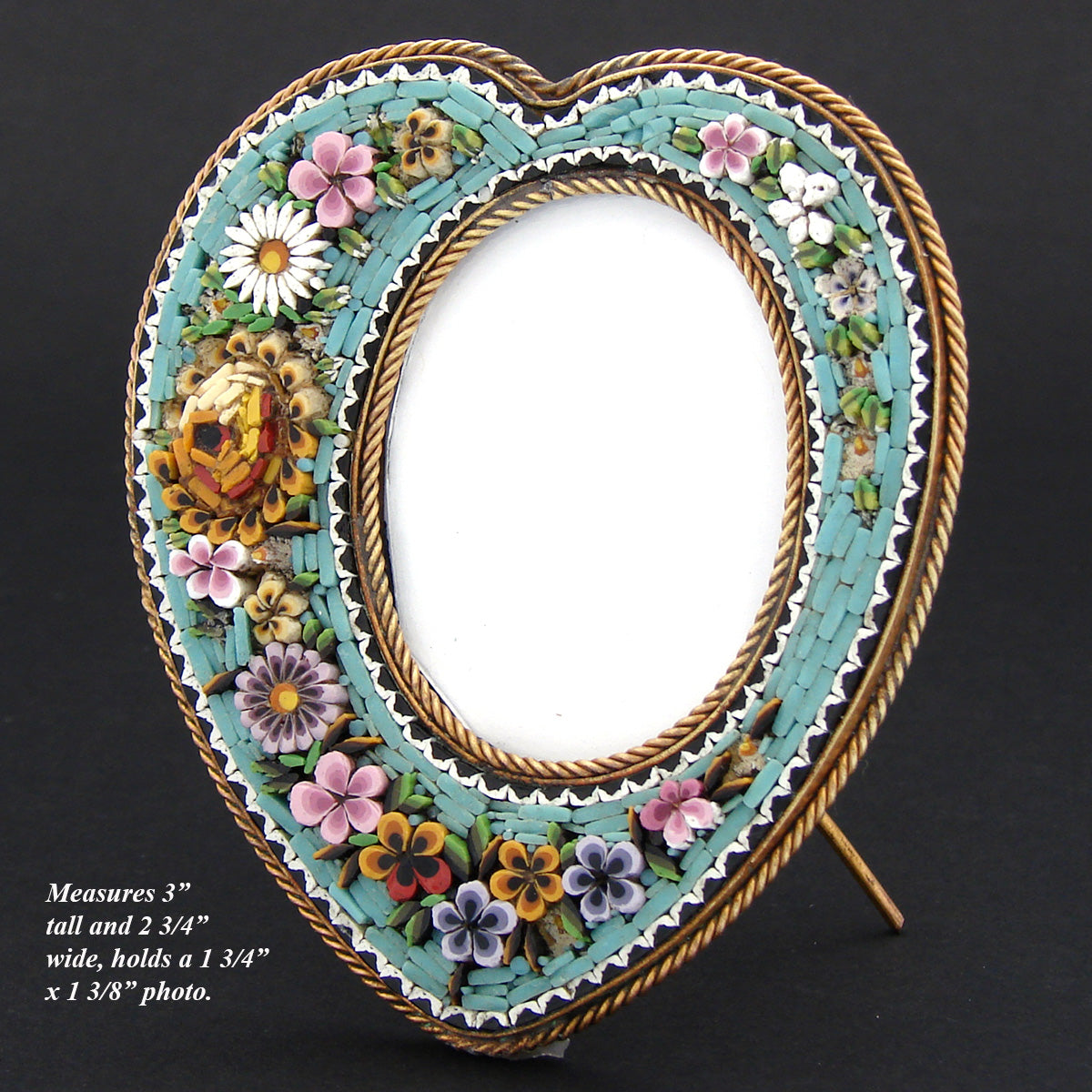 Lovely Antique Italian Edwardian Era Micro Mosaic Picture Frame, Heart Shaped with 3-D Flower Inlay