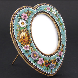 Lovely Antique Italian Edwardian Era Micro Mosaic Picture Frame, Heart Shaped with 3-D Flower Inlay