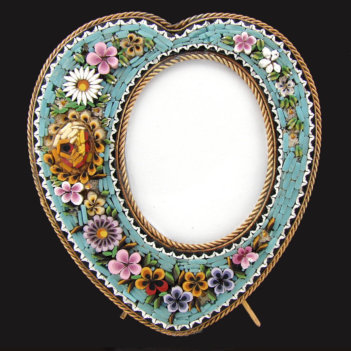 Lovely Antique Italian Edwardian Era Micro Mosaic Picture Frame, Heart Shaped with 3-D Flower Inlay