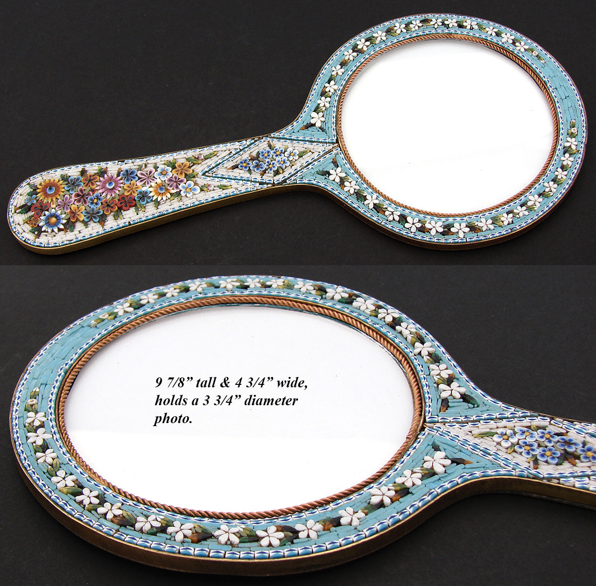 Antique Italian Micro Mosaic 9 7/8" Picture Frame, Vanity or Hand Mirror Shape with Floral Inlay