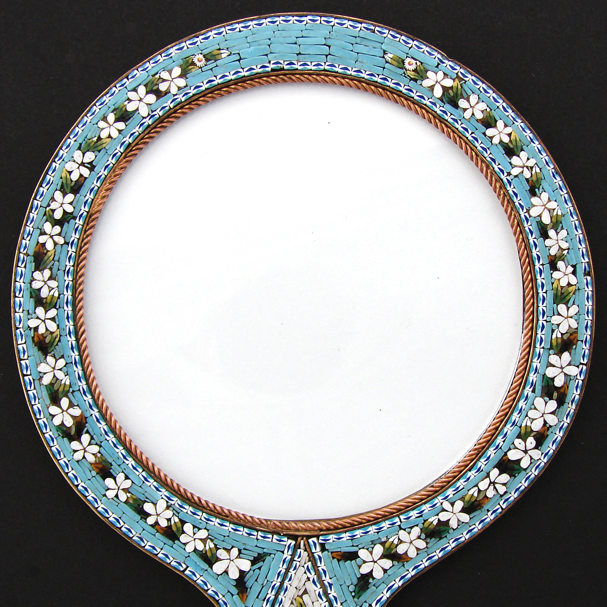 Antique Italian Micro Mosaic 9 7/8" Picture Frame, Vanity or Hand Mirror Shape with Floral Inlay