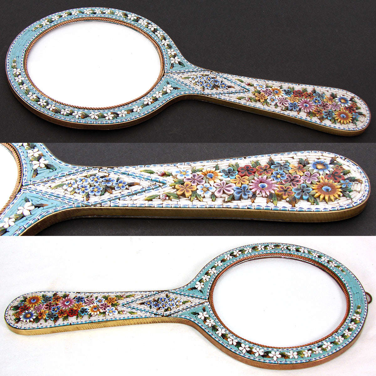 Antique Italian Micro Mosaic 9 7/8" Picture Frame, Vanity or Hand Mirror Shape with Floral Inlay