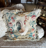 20th Century Woven Tapestry Sofa Pillow, Figural Rooster, Like Aubusson, 20" Sq Plus Fringe