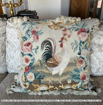20th Century Woven Tapestry Sofa Pillow, Figural Rooster, Like Aubusson, 20" Sq Plus Fringe