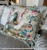 20th Century Woven Tapestry Sofa Pillow, Figural Rooster, Like Aubusson, 20" Sq Plus Fringe