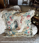 20th Century Woven Tapestry Sofa Pillow, Figural Rooster, Like Aubusson, 20" Sq Plus Fringe